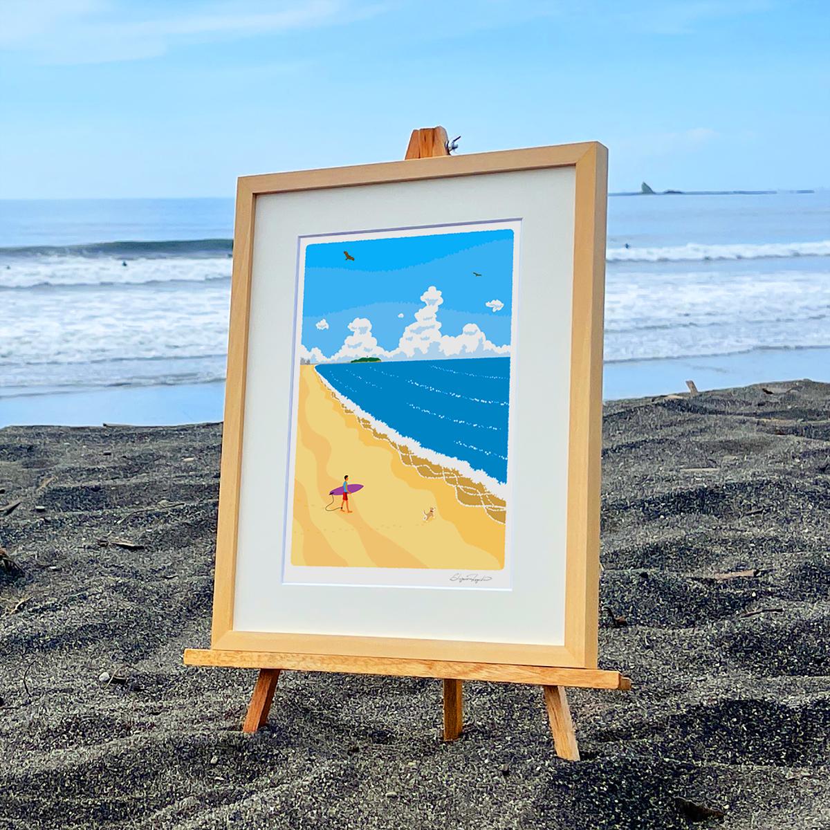 湘南・茅ヶ崎で描く、海を感じるイラストアート 『 湘南ランドスケープ05：波に向かって 』 ジークレーアートフレーム （小） /絵画　風景　版画