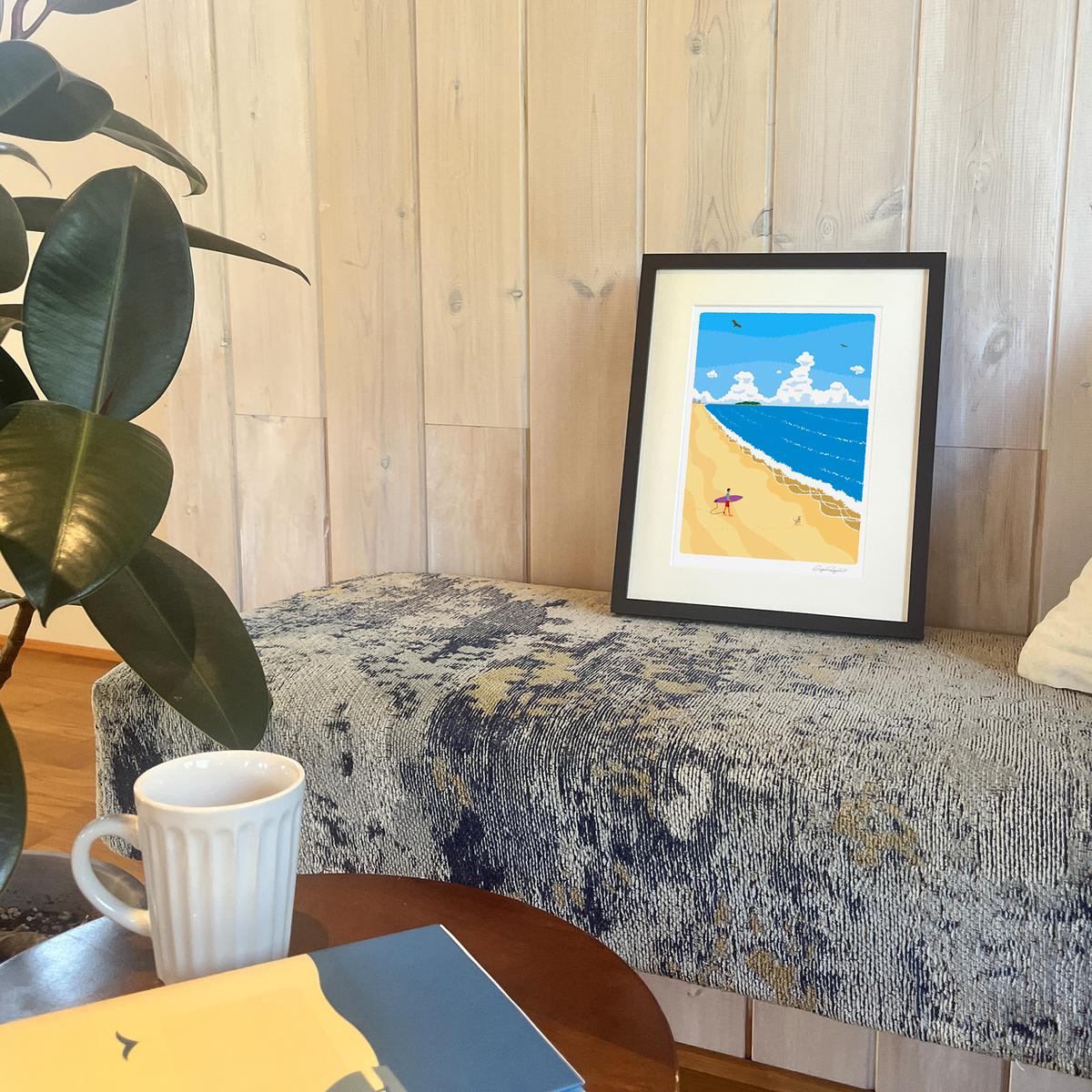 湘南・茅ヶ崎で描く、海を感じるイラストアート 『 湘南ランドスケープ05：波に向かって 』 ジークレーアートフレーム （小） /絵画　風景　版画