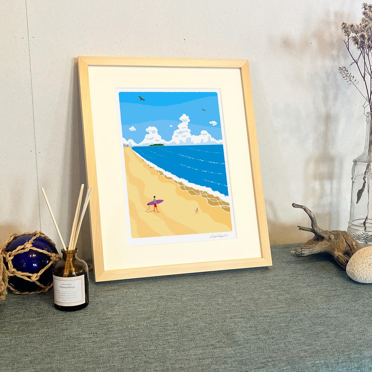 湘南・茅ヶ崎で描く、海を感じるイラストアート 『 湘南ランドスケープ05：波に向かって 』 ジークレーアートフレーム （小） /絵画　風景　版画