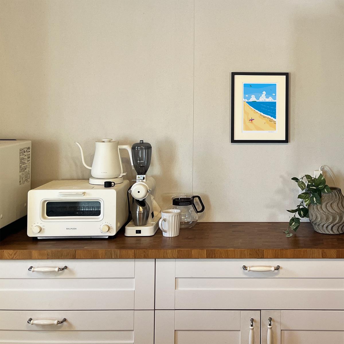 湘南・茅ヶ崎で描く、海を感じるイラストアート 『 湘南ランドスケープ05：波に向かって 』 ジークレーアートフレーム （小） /絵画　風景　版画