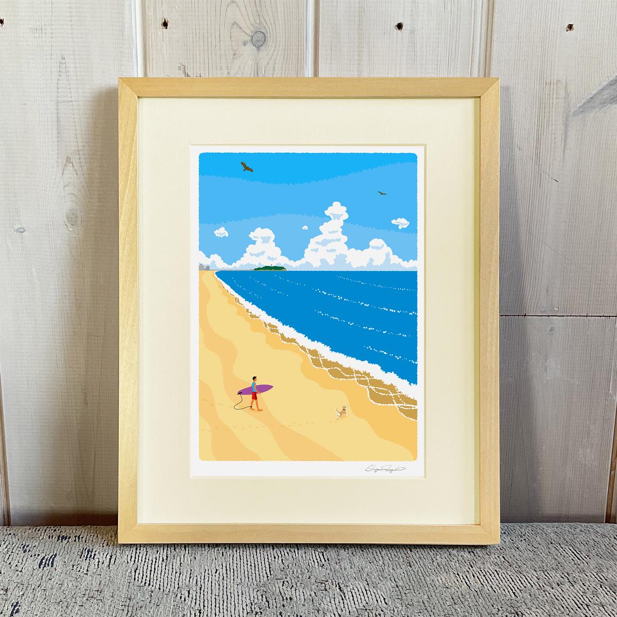 湘南・茅ヶ崎で描く、海を感じるイラストアート 『 湘南ランドスケープ05：波に向かって 』 ジークレーアートフレーム （小） /絵画　風景　版画