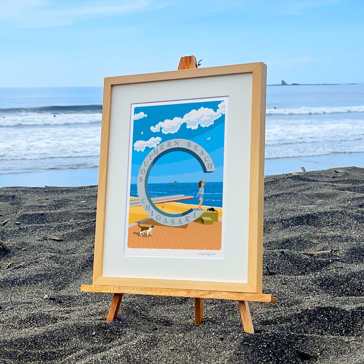 湘南・茅ヶ崎で描く、海を感じるイラストアート 『 湘南ランドスケープ06：届くかな...サザンC 』 ジークレーアートフレーム （小） /絵画　風景　版画