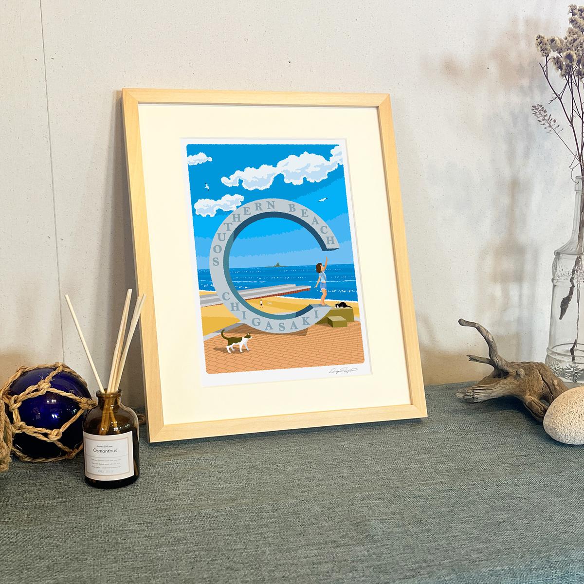 湘南・茅ヶ崎で描く、海を感じるイラストアート 『 湘南ランドスケープ06：届くかな...サザンC 』 ジークレーアートフレーム （小） /絵画　風景　版画