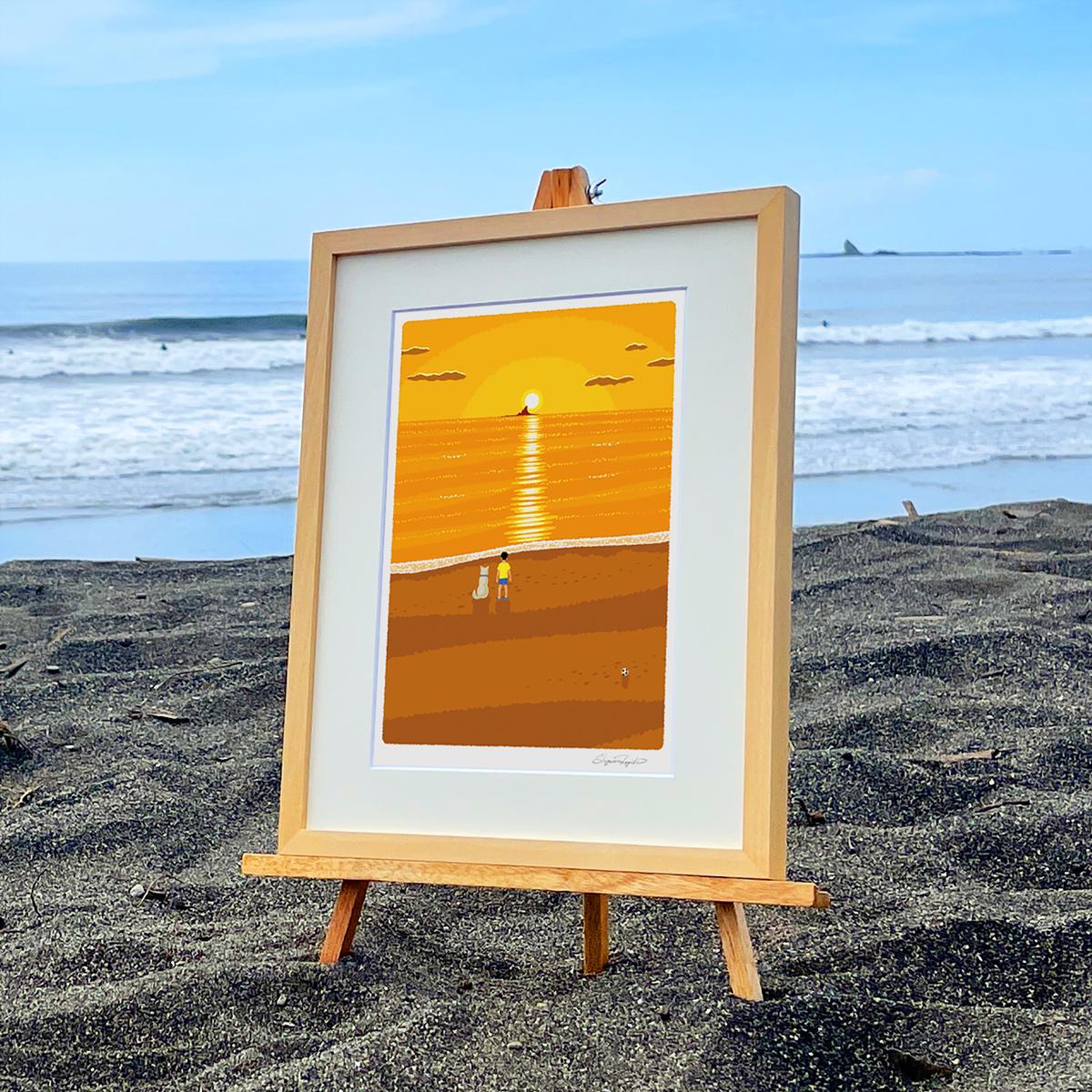 湘南・茅ヶ崎で描く、海を感じるイラストアート 『 湘南ランドスケープ07：夕焼け、光の道 』 ジークレーアートフレーム （小） /絵画　風景　版画