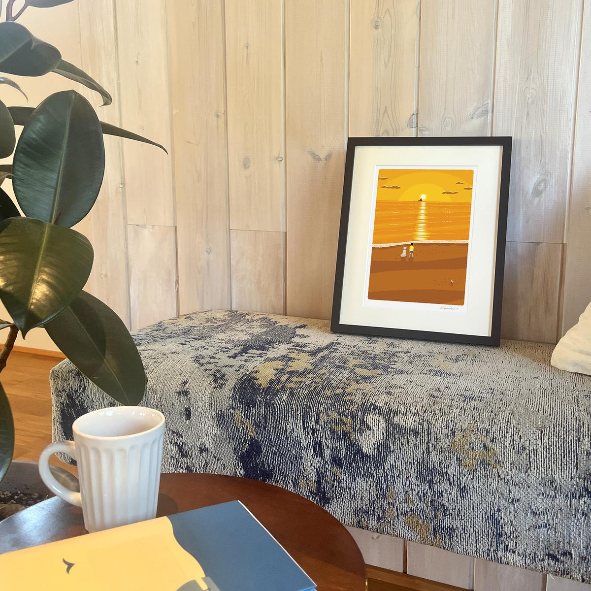 湘南・茅ヶ崎で描く、海を感じるイラストアート 『 湘南ランドスケープ07：夕焼け、光の道 』 ジークレーアートフレーム （小） /絵画　風景　版画