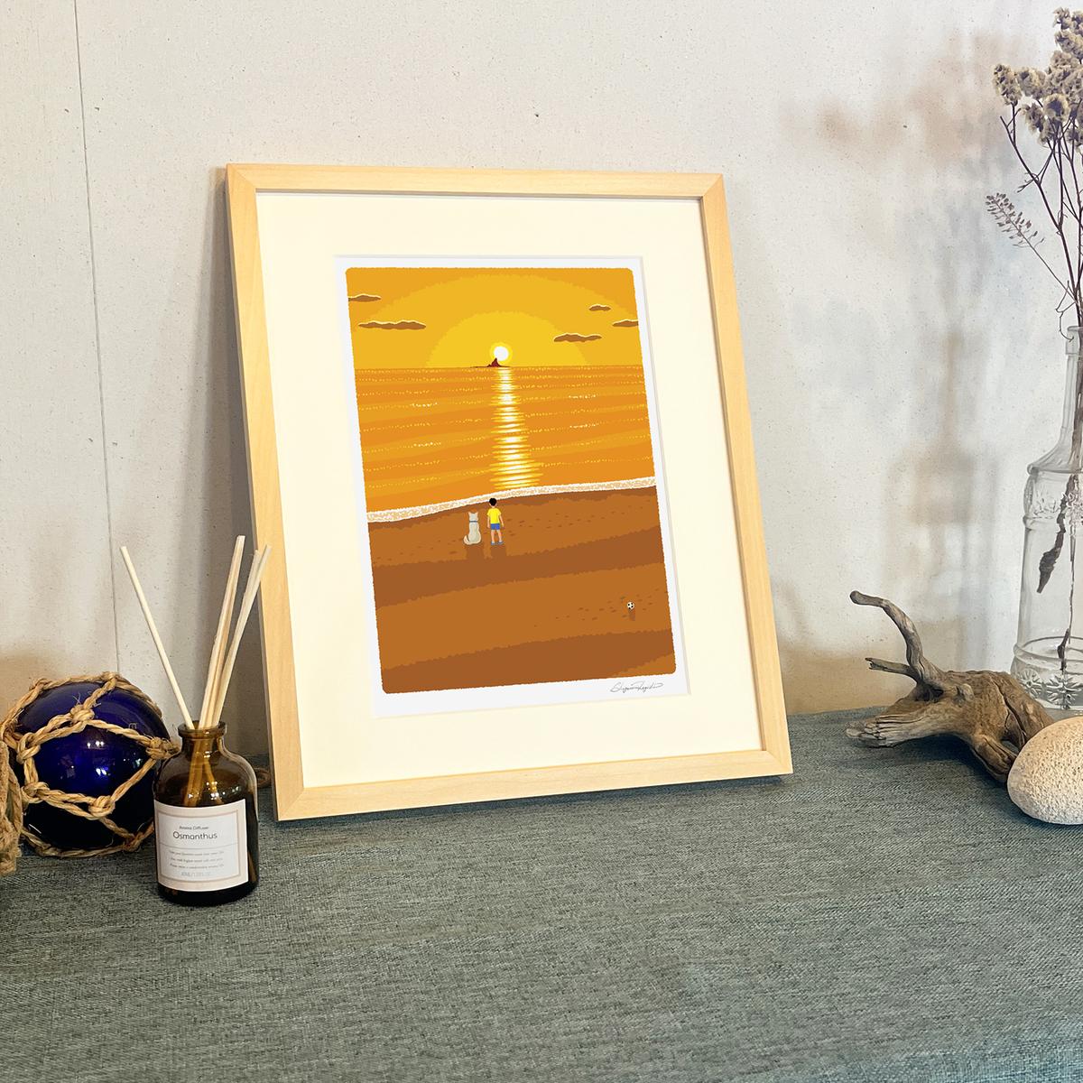 湘南・茅ヶ崎で描く、海を感じるイラストアート 『 湘南ランドスケープ07：夕焼け、光の道 』 ジークレーアートフレーム （小） /絵画　風景　版画