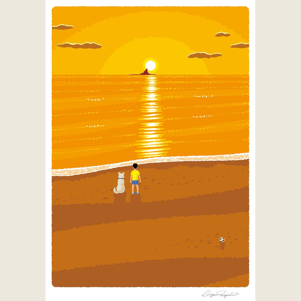 湘南・茅ヶ崎で描く、海を感じるイラストアート 『 湘南ランドスケープ07：夕焼け、光の道 』 ジークレーアートフレーム （小） /絵画　風景　版画