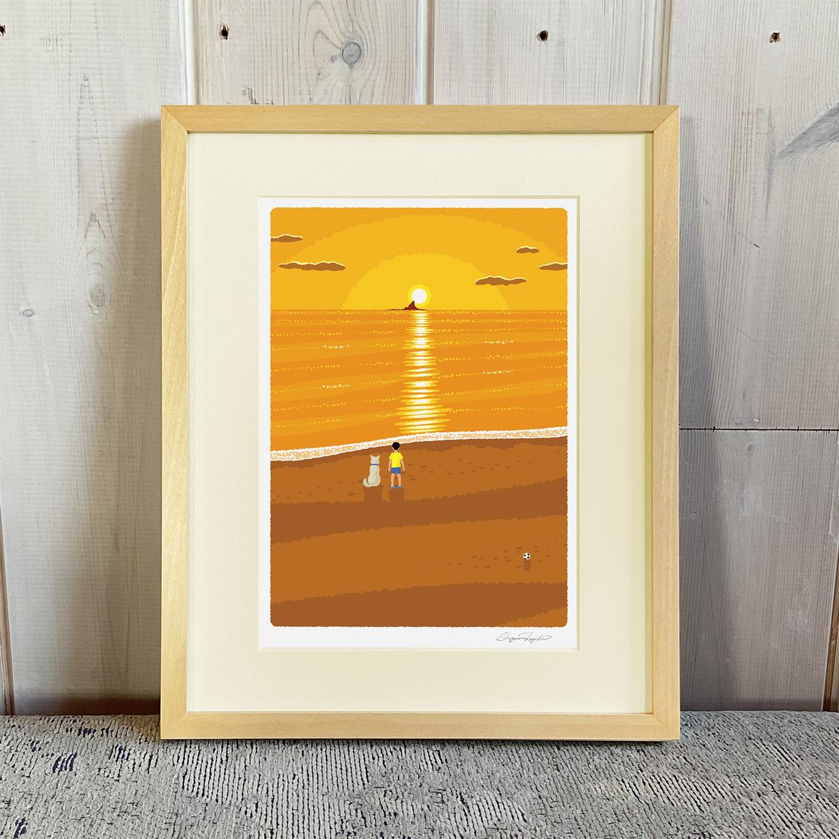 湘南・茅ヶ崎で描く、海を感じるイラストアート 『 湘南ランドスケープ07：夕焼け、光の道 』 ジークレーアートフレーム （小） /絵画　風景　版画