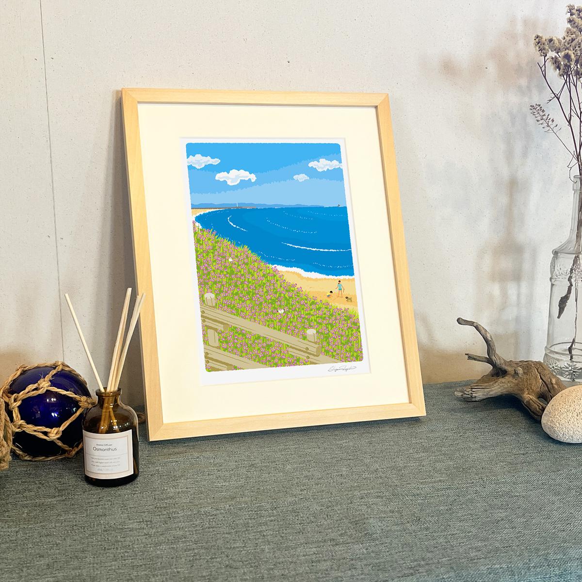 湘南・茅ヶ崎で描く、海を感じるイラストアート 『 湘南ランドスケープ08：海辺のハマダイコン 』 ジークレーアートフレーム （小） /絵画　風景　版画