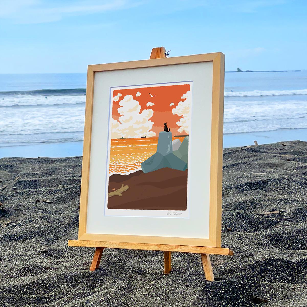 湘南・茅ヶ崎で描く、海を感じるイラストアート 『 湘南ランドスケープ09：夕暮れのサザンビーチ 』 ジークレーアートフレーム （小） /絵画　風景　版画