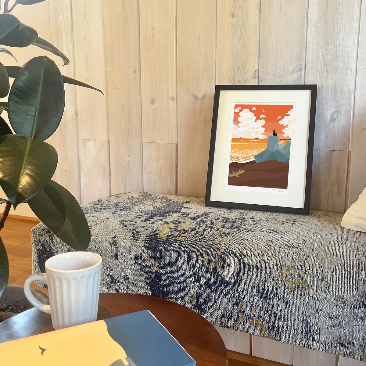 湘南・茅ヶ崎で描く、海を感じるイラストアート 『 湘南ランドスケープ09：夕暮れのサザンビーチ 』 ジークレーアートフレーム （小） /絵画　風景　版画