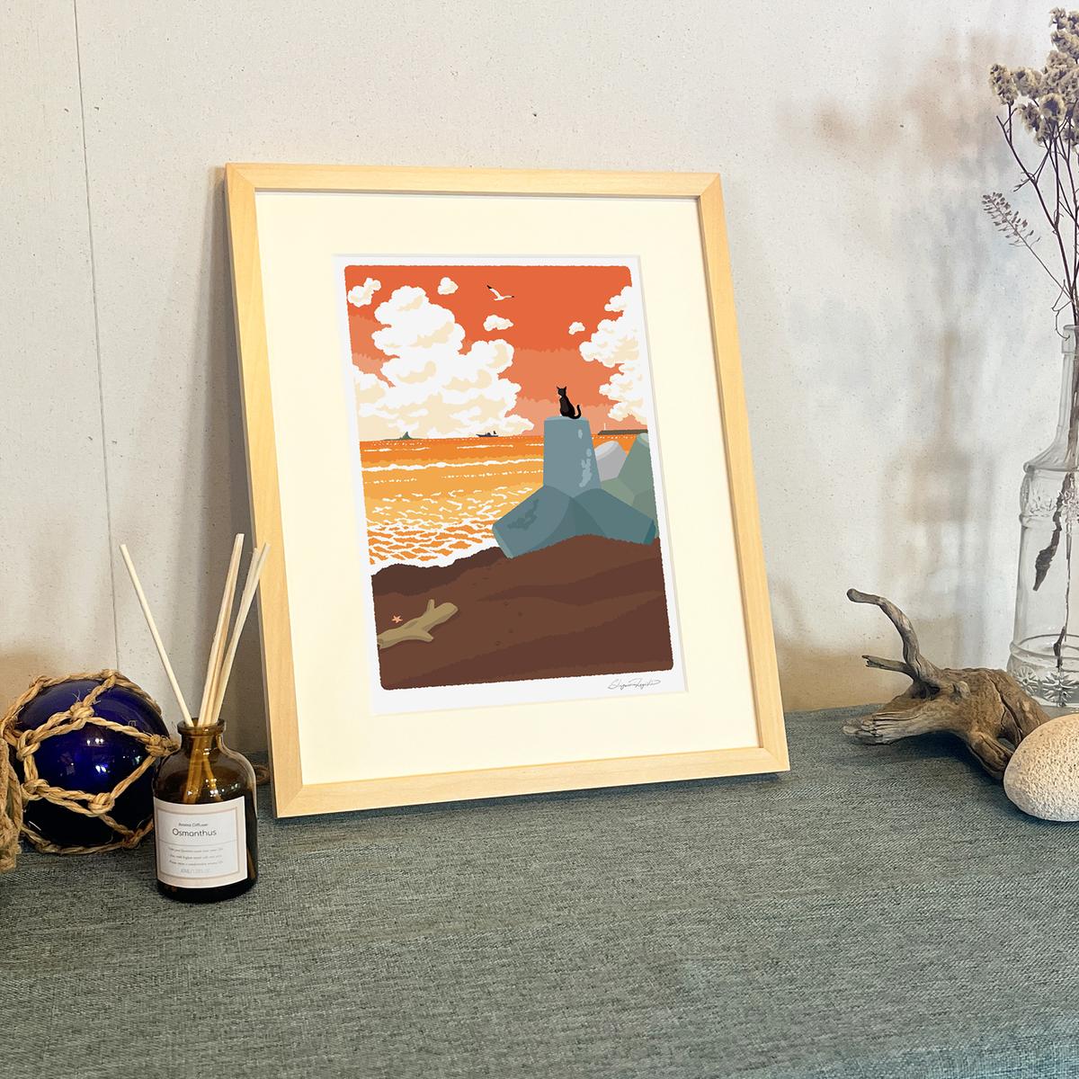 湘南・茅ヶ崎で描く、海を感じるイラストアート 『 湘南ランドスケープ09：夕暮れのサザンビーチ 』 ジークレーアートフレーム （小） /絵画　風景　版画