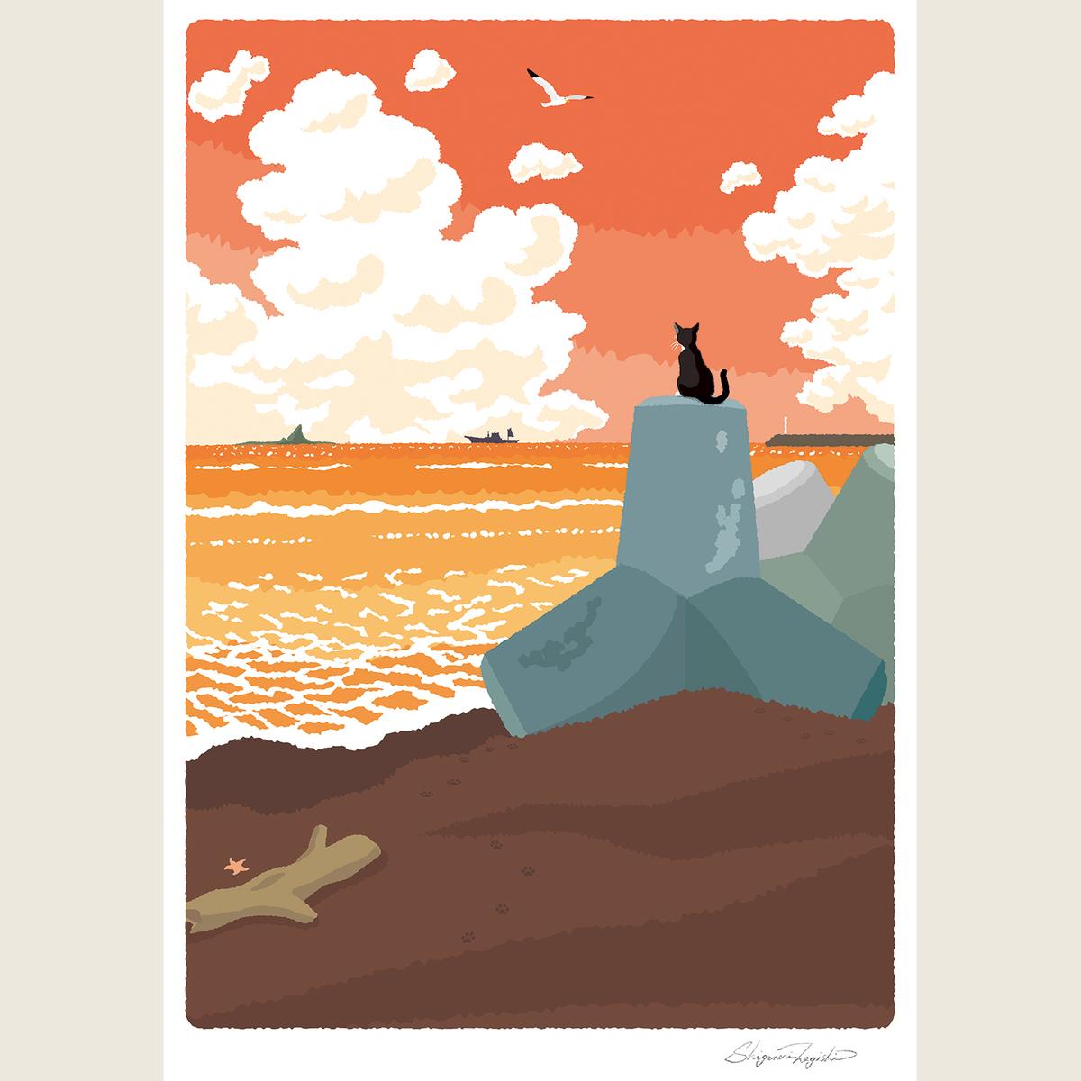 湘南・茅ヶ崎で描く、海を感じるイラストアート 『 湘南ランドスケープ09：夕暮れのサザンビーチ 』 ジークレーアートフレーム （小） /絵画　風景　版画