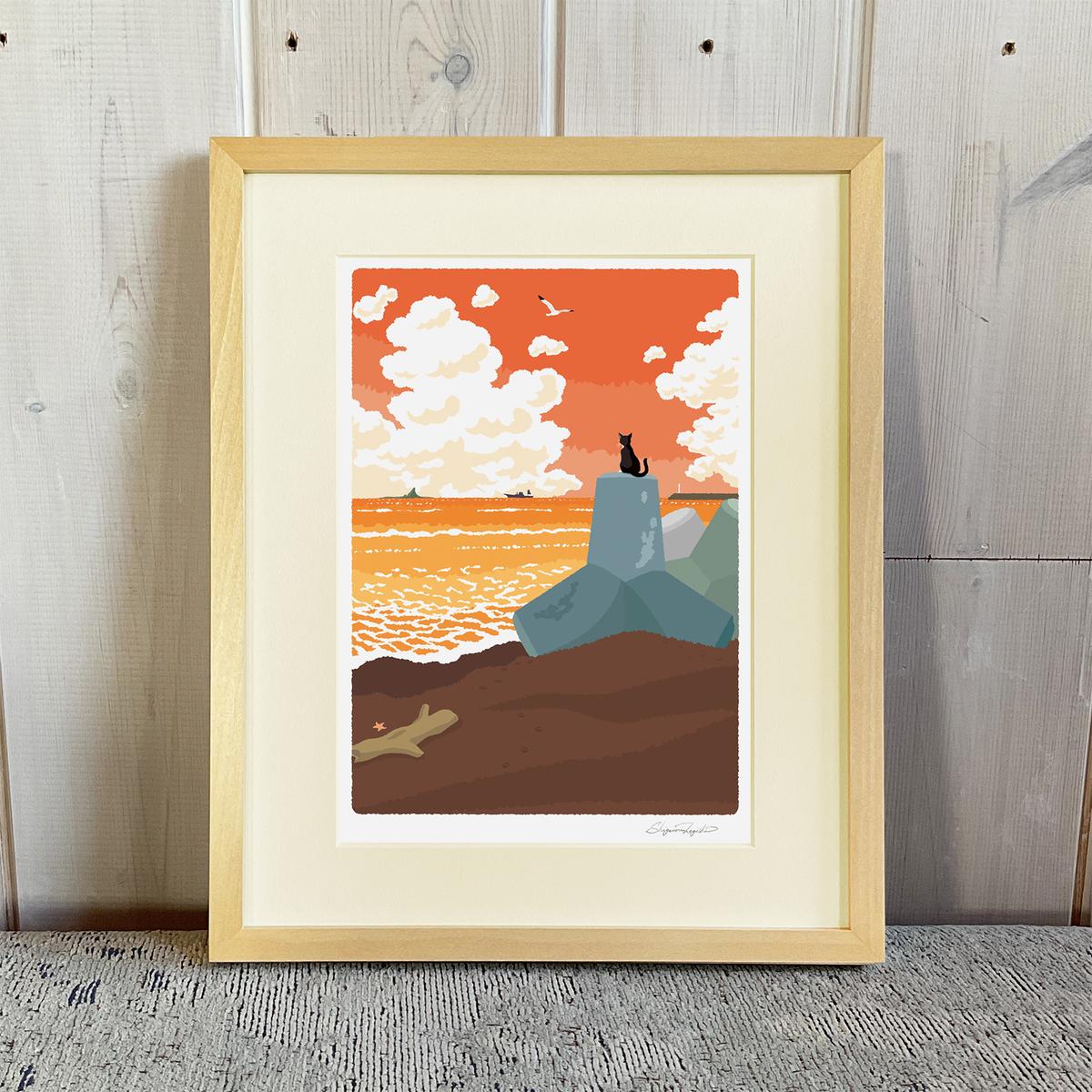 湘南・茅ヶ崎で描く、海を感じるイラストアート 『 湘南ランドスケープ09：夕暮れのサザンビーチ 』 ジークレーアートフレーム （小） /絵画　風景　版画