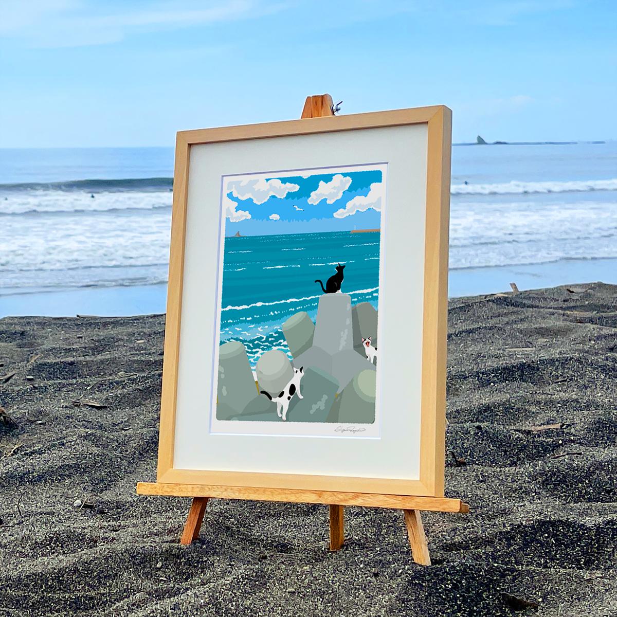 湘南・茅ヶ崎で描く、海を感じるイラストアート 『 湘南ランドスケープ10：午後の集会、俺たちの海 』 ジークレーアートフレーム （小） /絵画　風景　版画