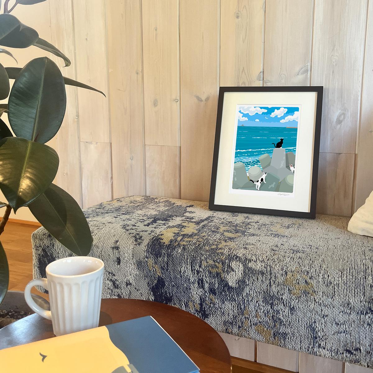 湘南・茅ヶ崎で描く、海を感じるイラストアート 『 湘南ランドスケープ10：午後の集会、俺たちの海 』 ジークレーアートフレーム （小） /絵画　風景　版画