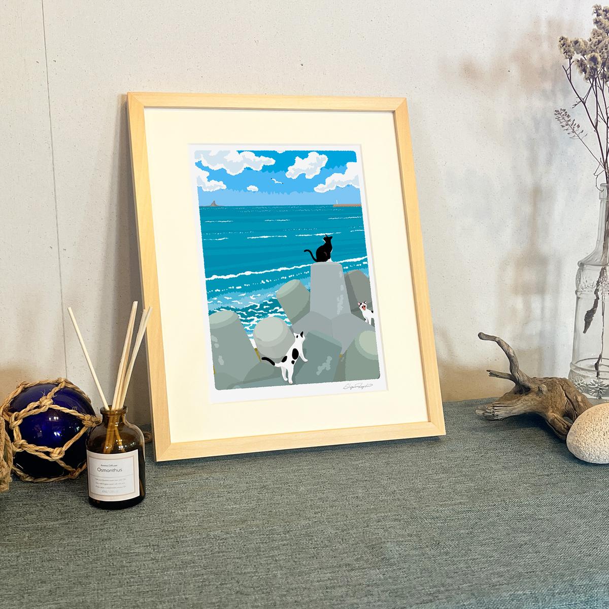 湘南・茅ヶ崎で描く、海を感じるイラストアート 『 湘南ランドスケープ10：午後の集会、俺たちの海 』 ジークレーアートフレーム （小） /絵画　風景　版画