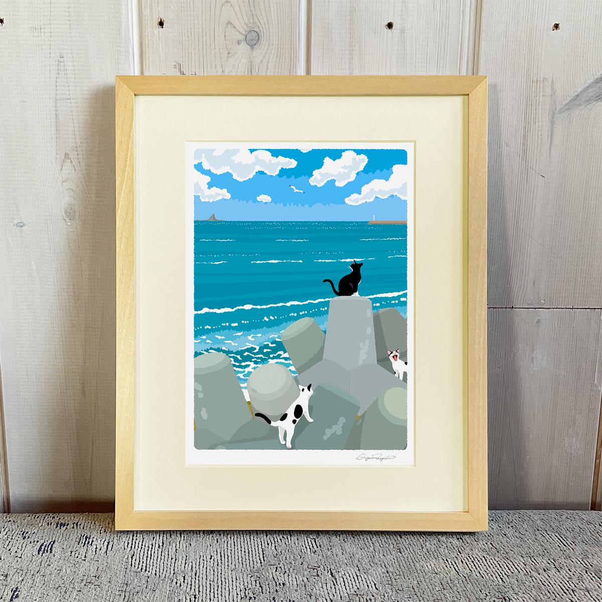 湘南・茅ヶ崎で描く、海を感じるイラストアート 『 湘南ランドスケープ10：午後の集会、俺たちの海 』 ジークレーアートフレーム （小） /絵画　風景　版画