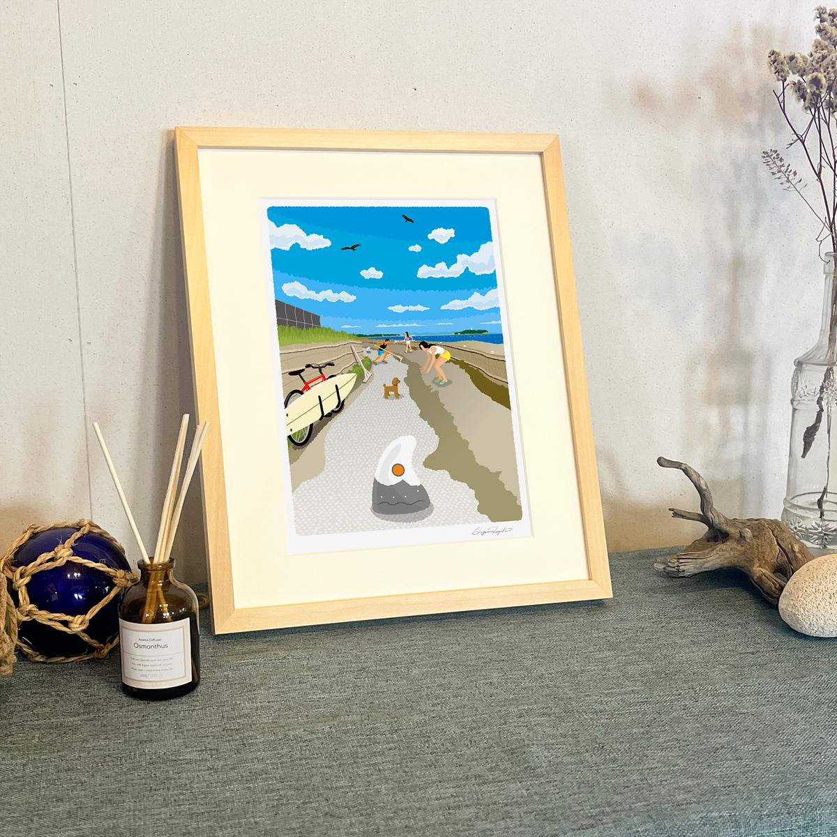 湘南・茅ヶ崎で描く、海を感じるイラストアート 『 湘南ランドスケープ12：茅ヶ崎から江ノ島へ、湘南サイクリングロード 』 ジークレーアートフレーム （小） /絵画　風景　版画