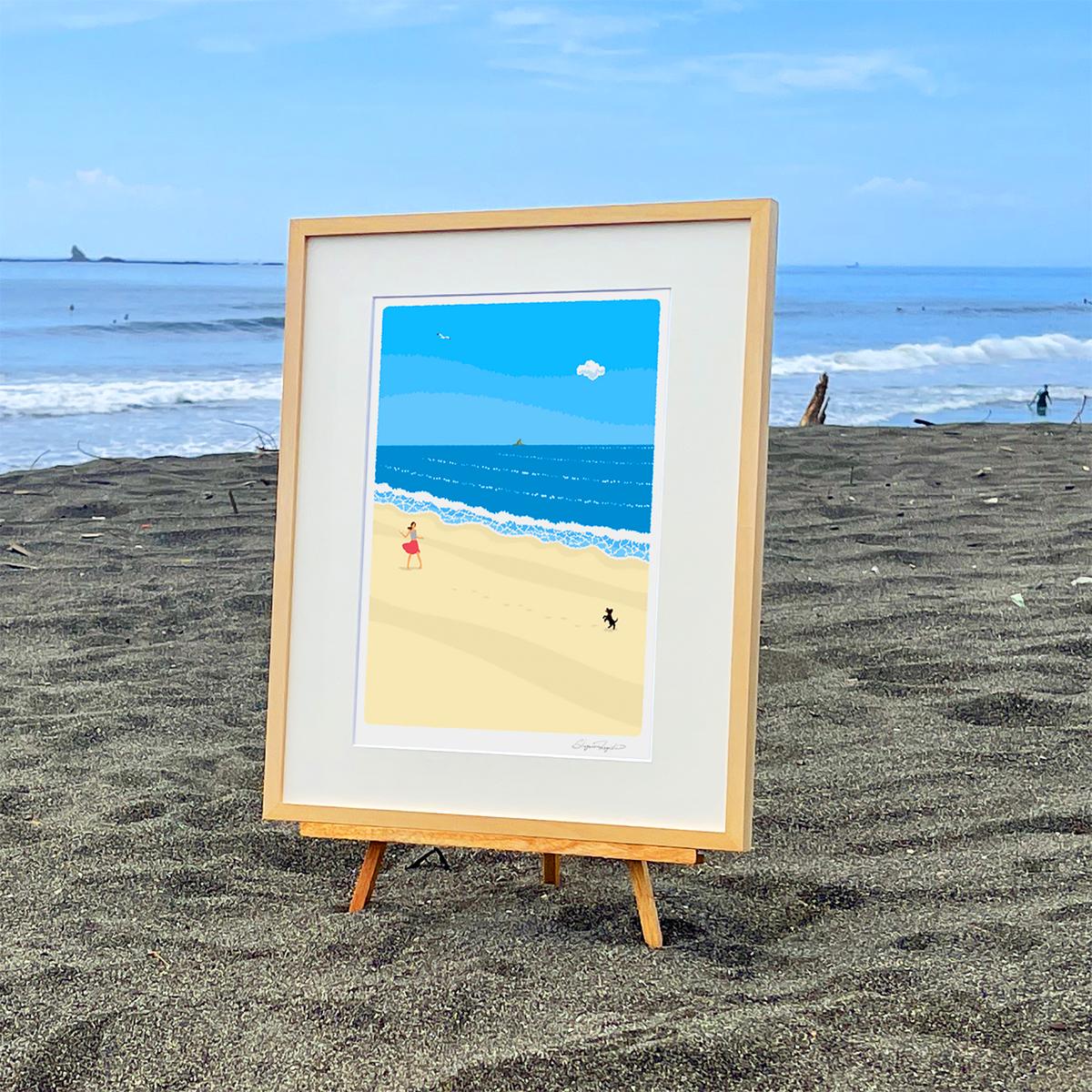 湘南・茅ヶ崎で描く、海を感じるイラストアート 『 湘南ランドスケープ01：波打ち際のキャッチボール 』 ジークレーアートフレーム （大） /絵画　風景　版画