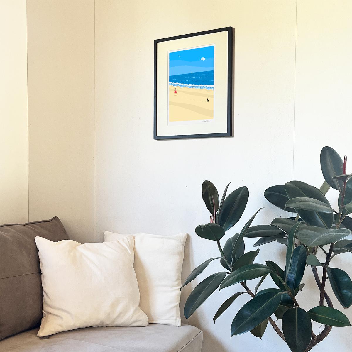 湘南・茅ヶ崎で描く、海を感じるイラストアート 『 湘南ランドスケープ01：波打ち際のキャッチボール 』 ジークレーアートフレーム （大） /絵画　風景　版画