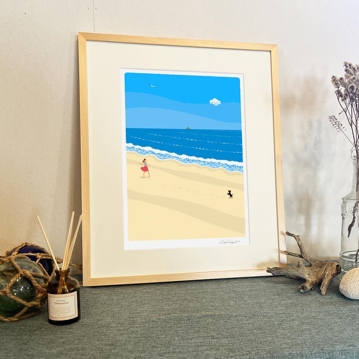 湘南・茅ヶ崎で描く、海を感じるイラストアート 『 湘南ランドスケープ01：波打ち際のキャッチボール 』 ジークレーアートフレーム （大） /絵画　風景　版画