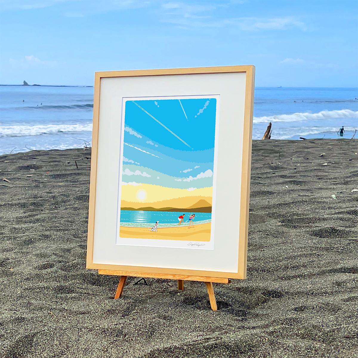 湘南・茅ヶ崎で描く、海を感じるイラストアート 『 湘南ランドスケープ02：ひこうき雲 』 ジークレーアートフレーム （大） /絵画　風景　版画