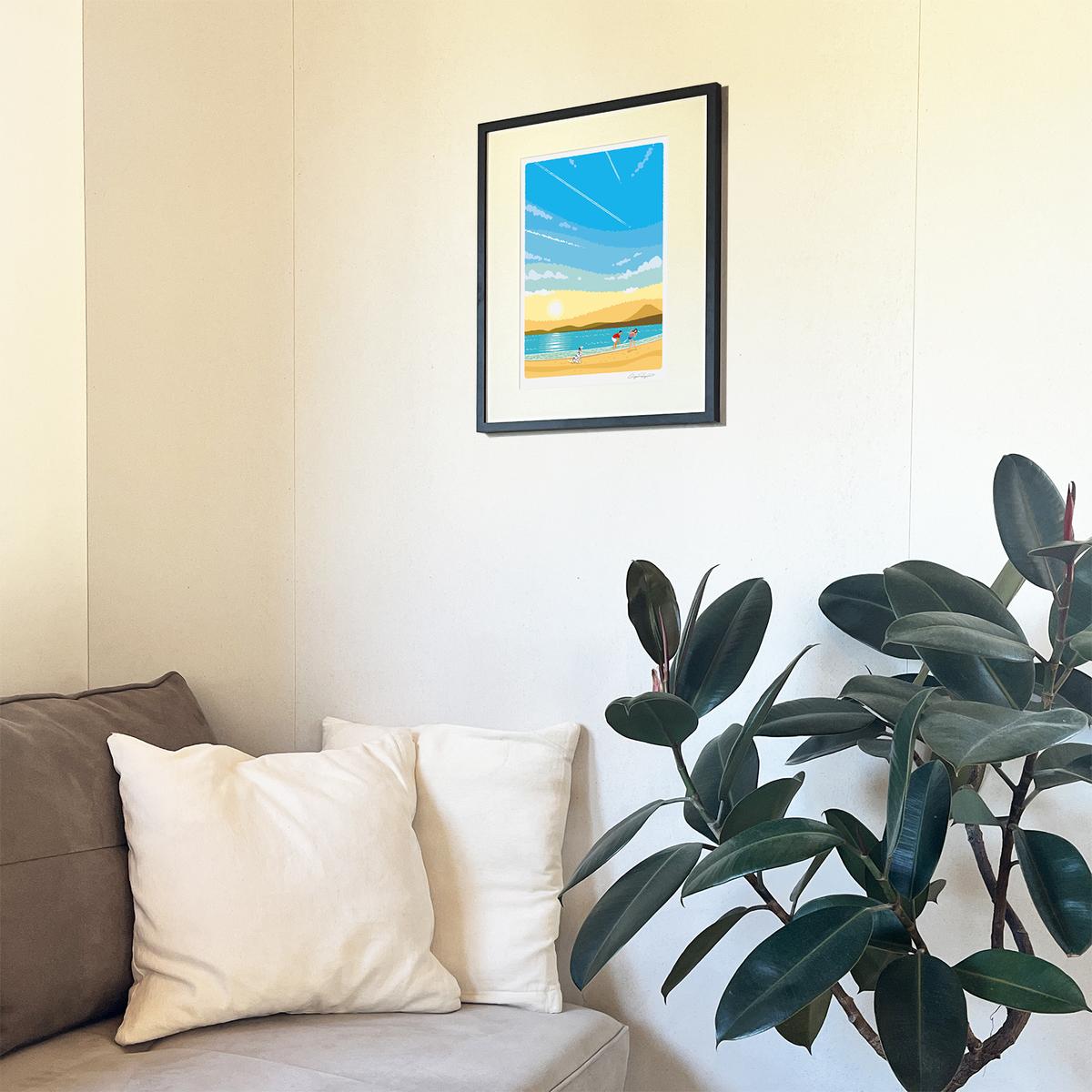 湘南・茅ヶ崎で描く、海を感じるイラストアート 『 湘南ランドスケープ02：ひこうき雲 』 ジークレーアートフレーム （大） /絵画　風景　版画