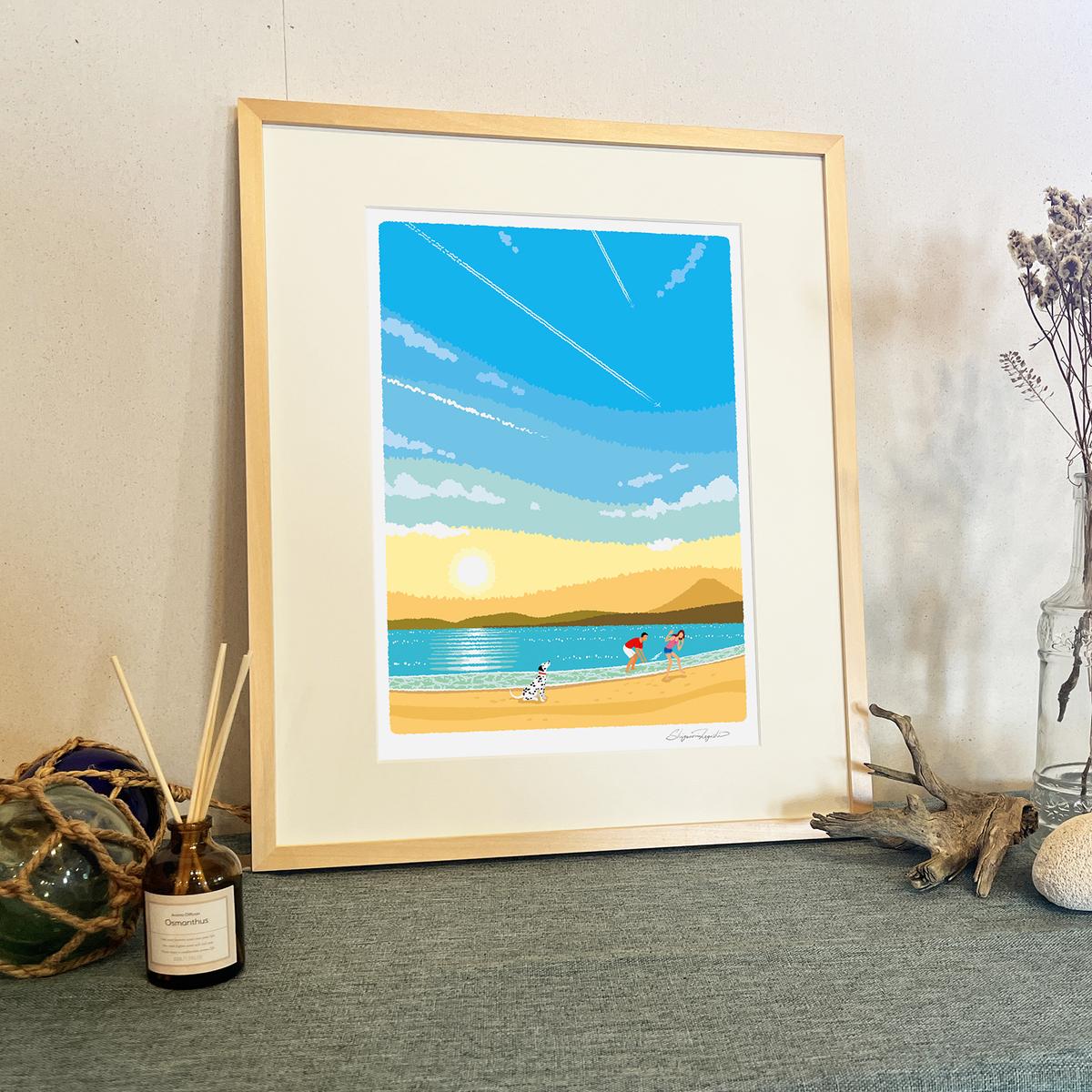 湘南・茅ヶ崎で描く、海を感じるイラストアート 『 湘南ランドスケープ02：ひこうき雲 』 ジークレーアートフレーム （大） /絵画　風景　版画