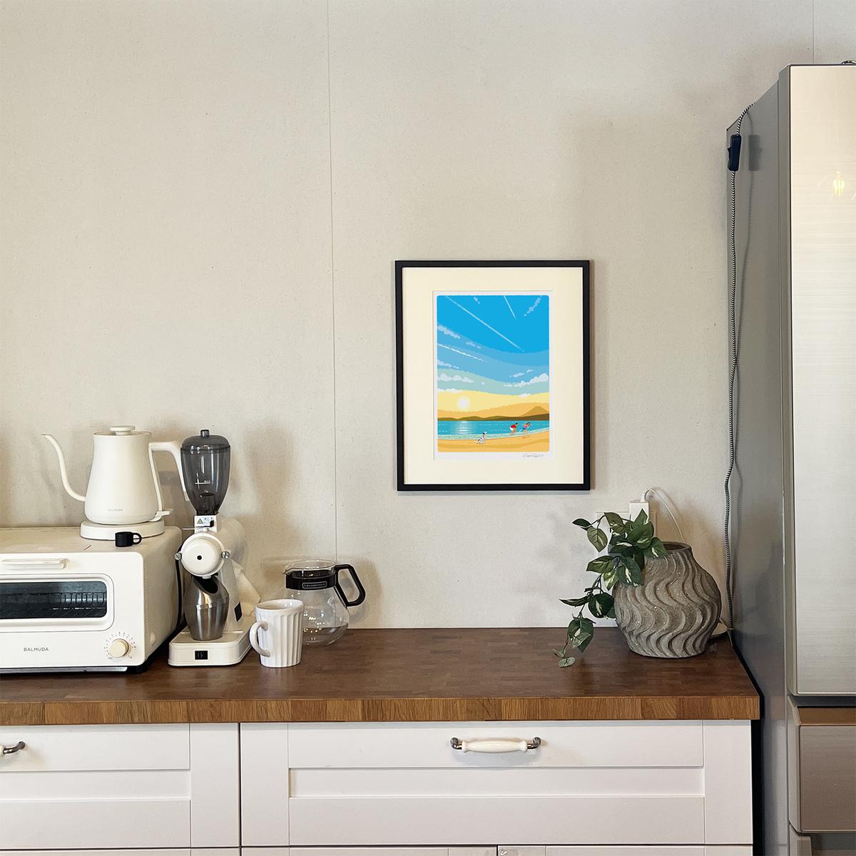 湘南・茅ヶ崎で描く、海を感じるイラストアート 『 湘南ランドスケープ02：ひこうき雲 』 ジークレーアートフレーム （大） /絵画　風景　版画