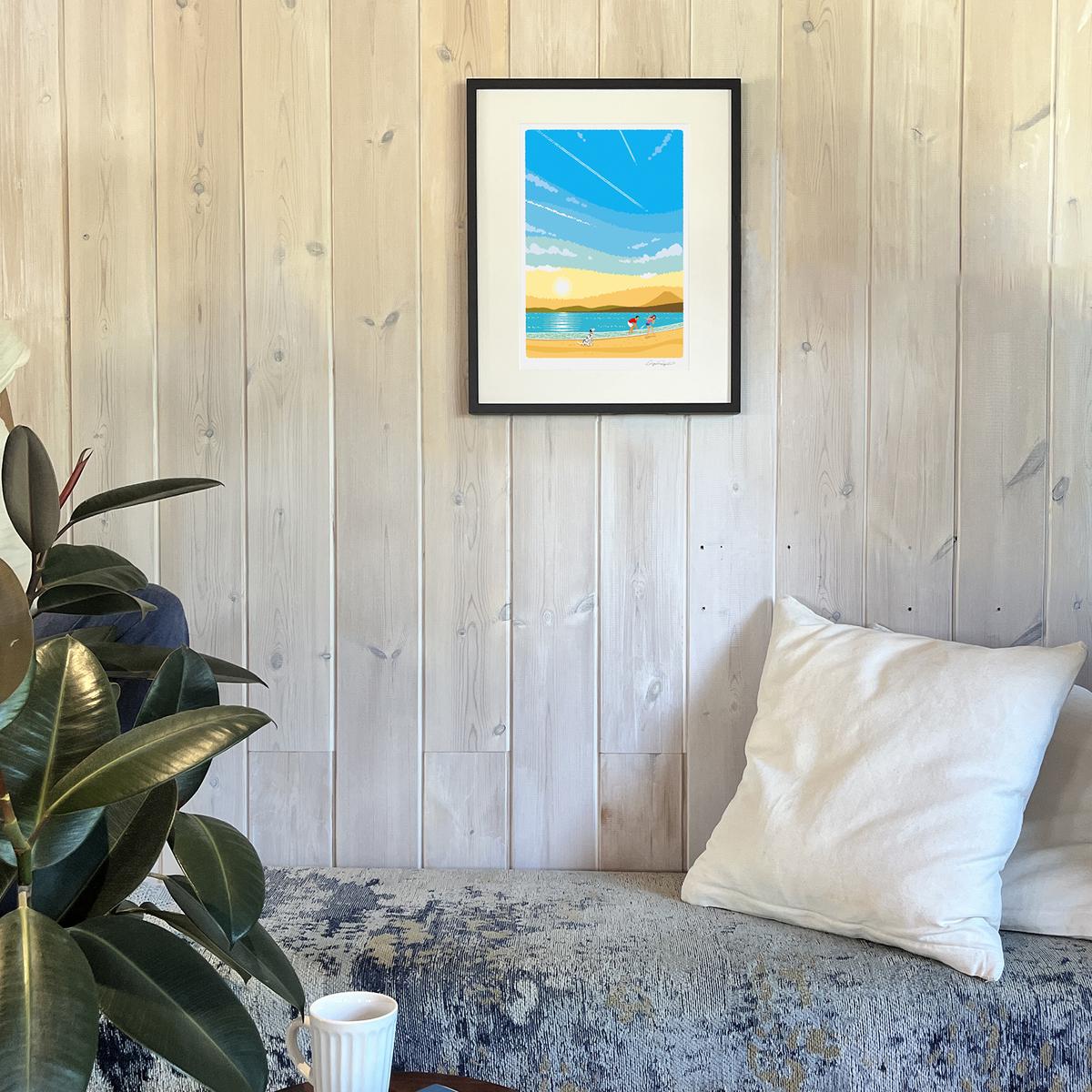 湘南・茅ヶ崎で描く、海を感じるイラストアート 『 湘南ランドスケープ02：ひこうき雲 』 ジークレーアートフレーム （大） /絵画　風景　版画