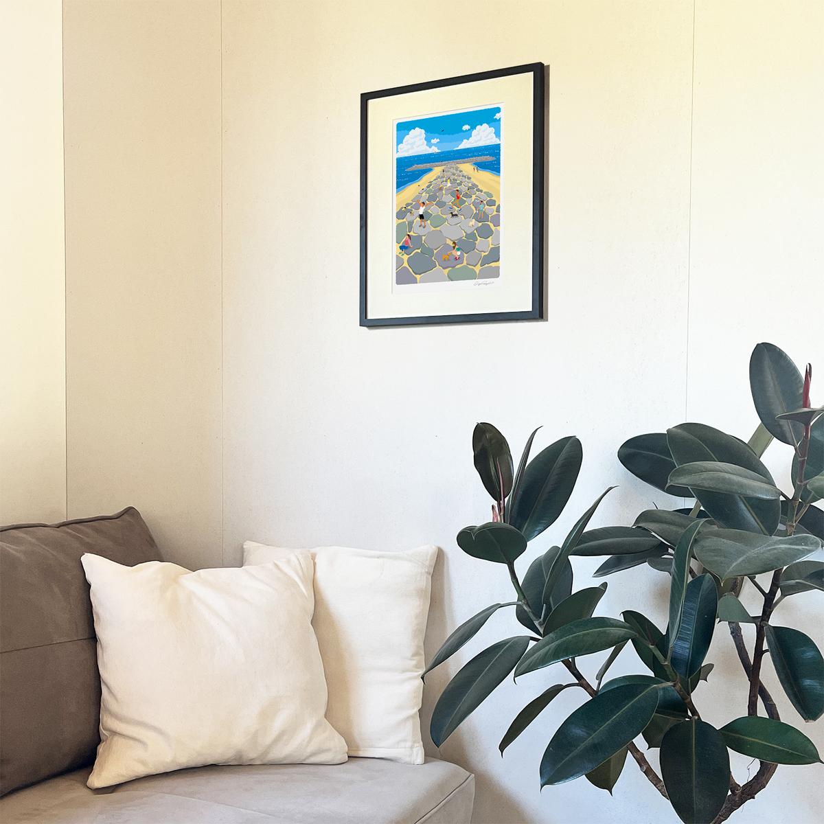 湘南・茅ヶ崎で描く、海を感じるイラストアート 『 湘南ランドスケープ03：茅ヶ崎　ヘッドランド 』 ジークレーアートフレーム （大） /絵画　風景　版画