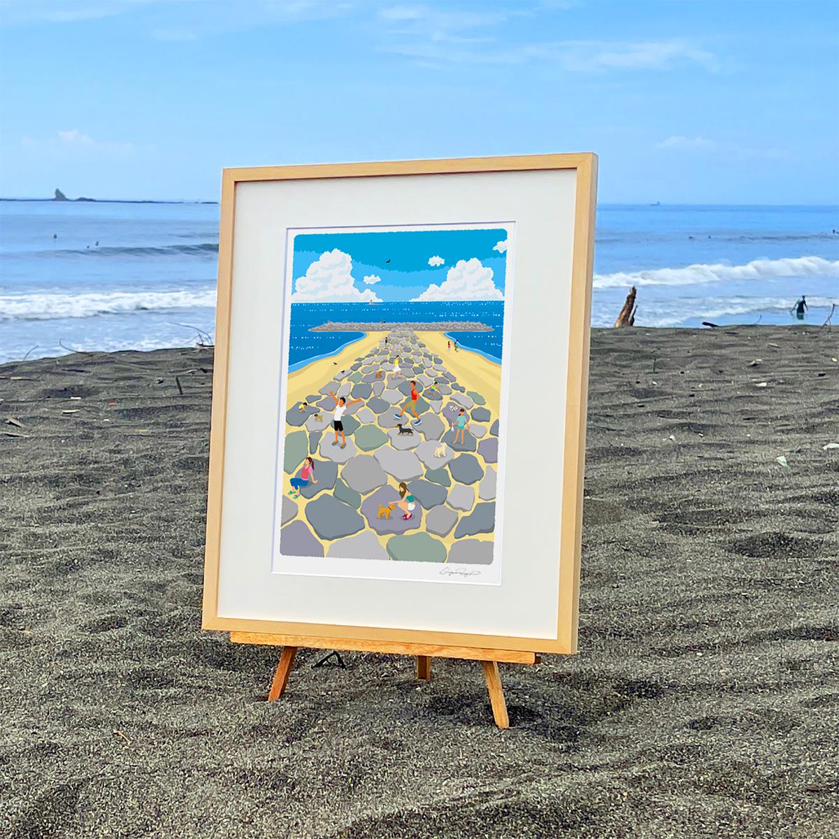 湘南・茅ヶ崎で描く、海を感じるイラストアート 『 湘南ランドスケープ03：茅ヶ崎　ヘッドランド 』 ジークレーアートフレーム （大） /絵画　風景　版画