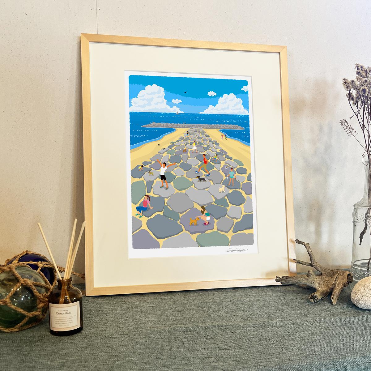 湘南・茅ヶ崎で描く、海を感じるイラストアート 『 湘南ランドスケープ03：茅ヶ崎　ヘッドランド 』 ジークレーアートフレーム （大） /絵画　風景　版画