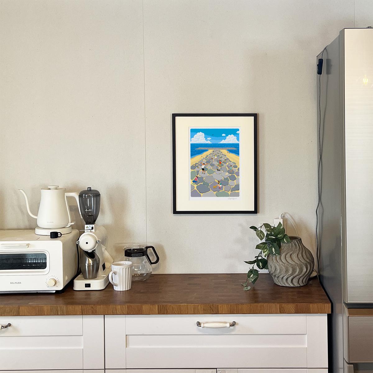 湘南・茅ヶ崎で描く、海を感じるイラストアート 『 湘南ランドスケープ03：茅ヶ崎　ヘッドランド 』 ジークレーアートフレーム （大） /絵画　風景　版画