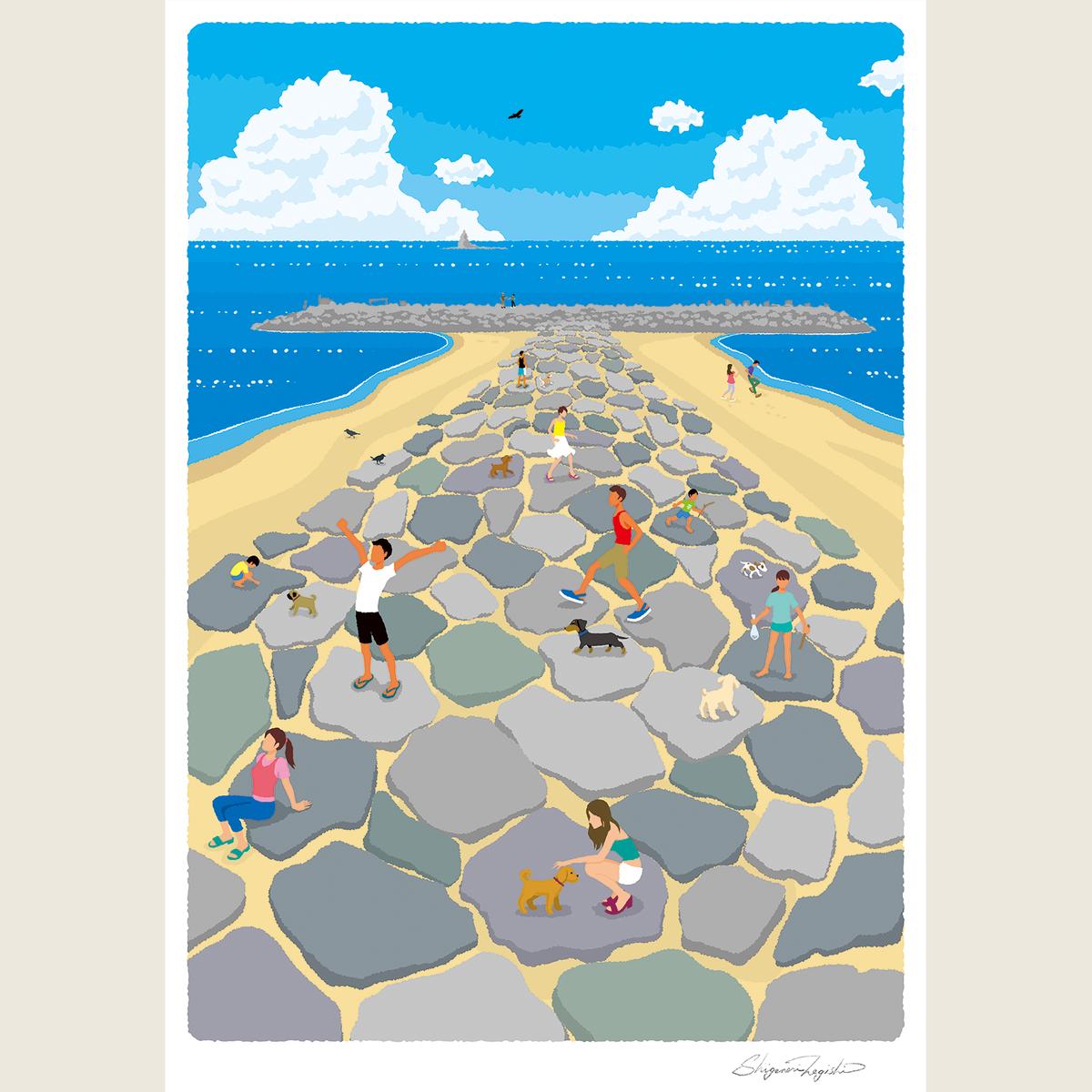 湘南・茅ヶ崎で描く、海を感じるイラストアート 『 湘南ランドスケープ03：茅ヶ崎　ヘッドランド 』 ジークレーアートフレーム （大） /絵画　風景　版画