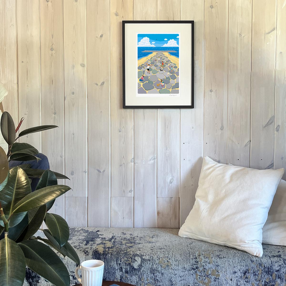 湘南・茅ヶ崎で描く、海を感じるイラストアート 『 湘南ランドスケープ03：茅ヶ崎　ヘッドランド 』 ジークレーアートフレーム （大） /絵画　風景　版画