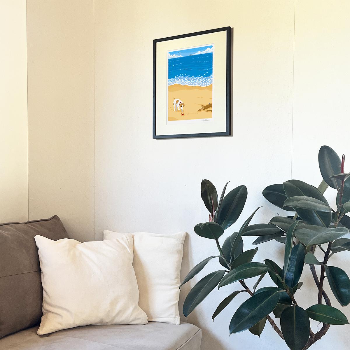 湘南・茅ヶ崎で描く、海を感じるイラストアート 『 湘南ランドスケープ04：渚の遭遇 』 ジークレーアートフレーム （大） /絵画　風景　版画