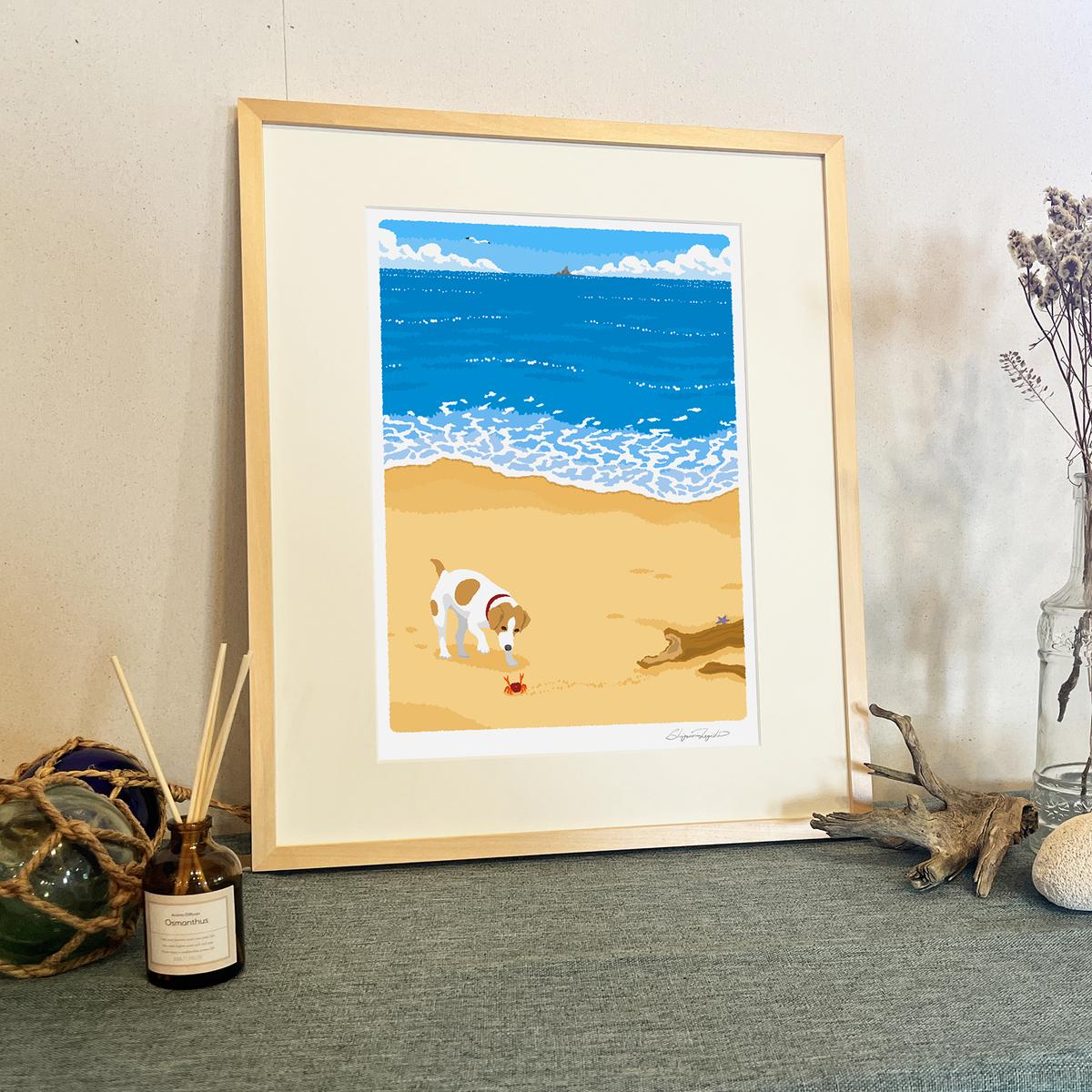 湘南・茅ヶ崎で描く、海を感じるイラストアート 『 湘南ランドスケープ04：渚の遭遇 』 ジークレーアートフレーム （大） /絵画　風景　版画