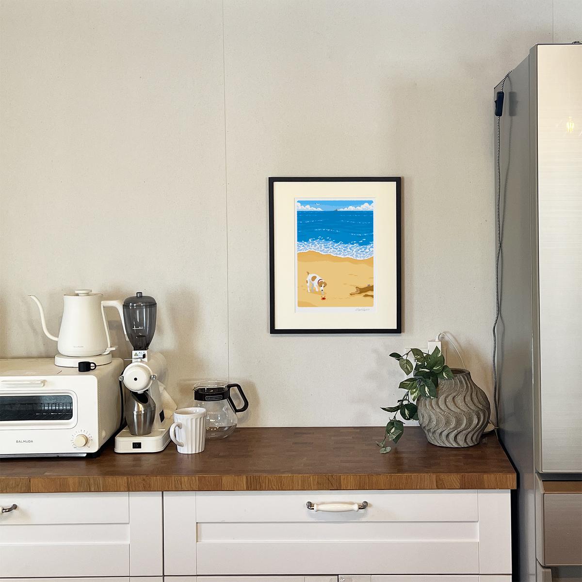 湘南・茅ヶ崎で描く、海を感じるイラストアート 『 湘南ランドスケープ04：渚の遭遇 』 ジークレーアートフレーム （大） /絵画　風景　版画