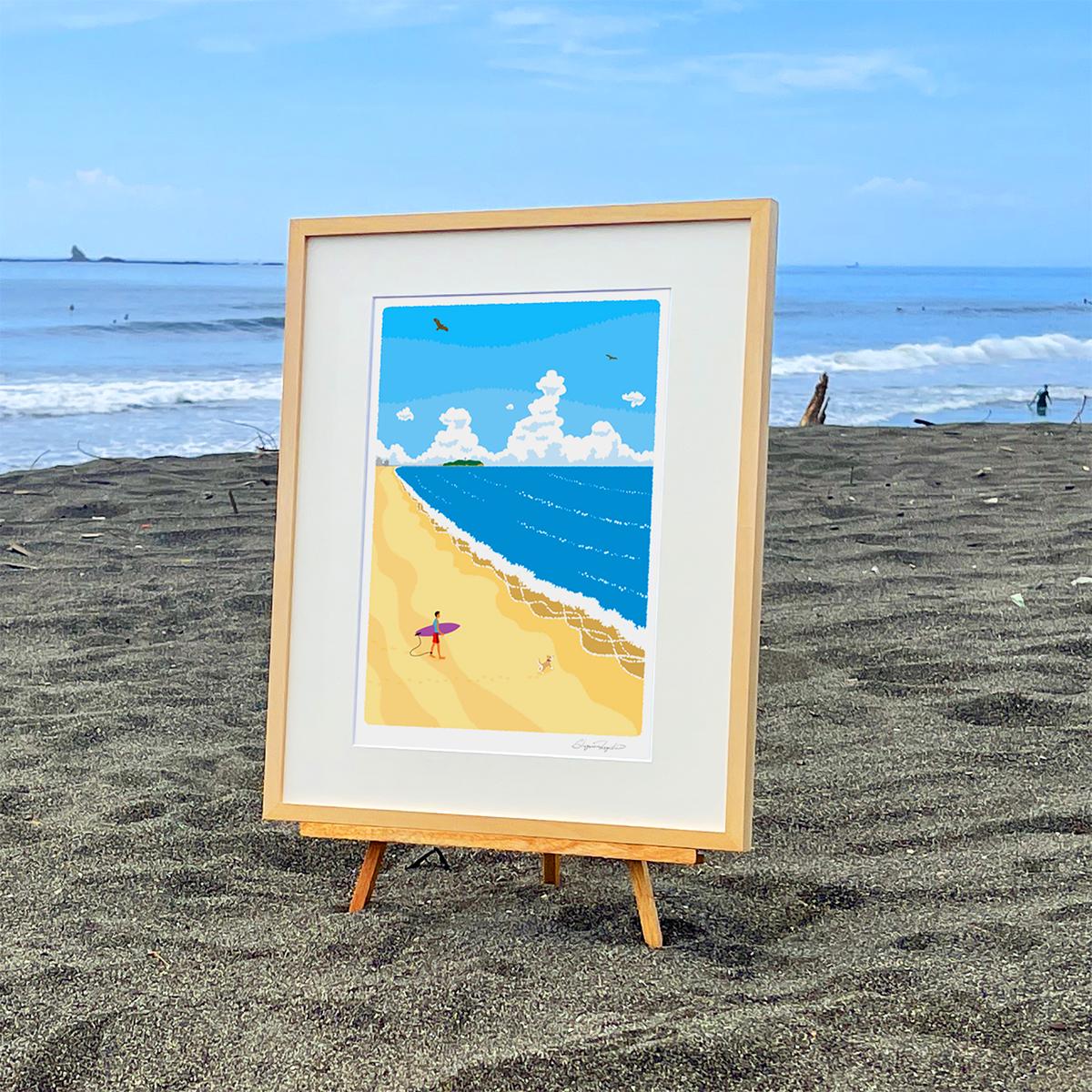 湘南・茅ヶ崎で描く、海を感じるイラストアート 『 湘南ランドスケープ05：波に向かって 』 ジークレーアートフレーム （大） /絵画　風景　版画