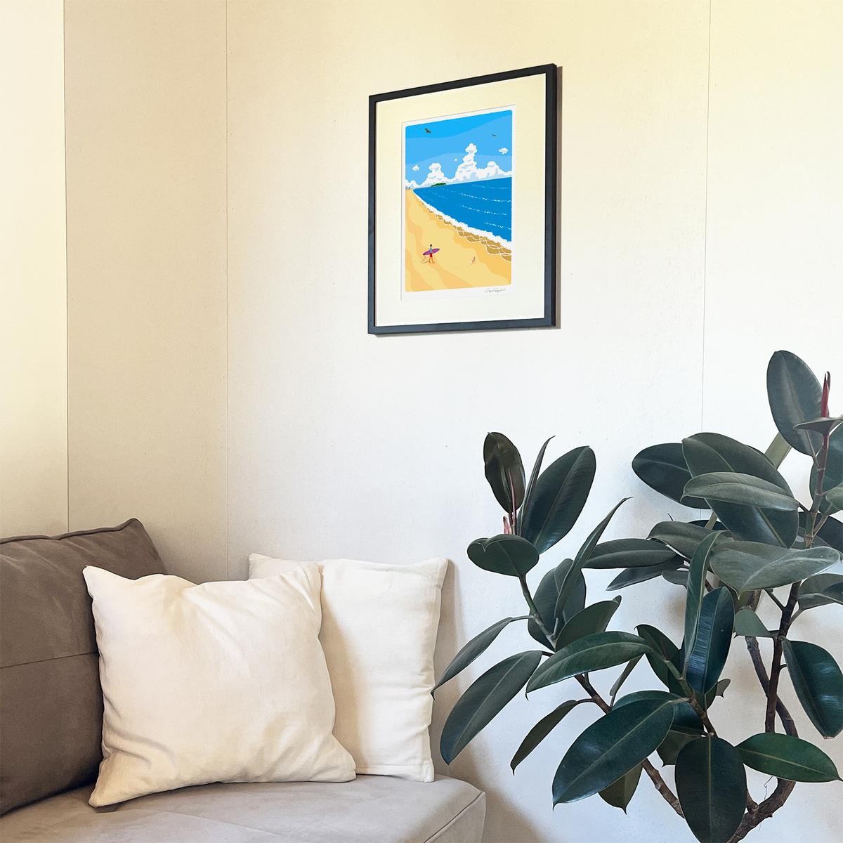 湘南・茅ヶ崎で描く、海を感じるイラストアート 『 湘南ランドスケープ05：波に向かって 』 ジークレーアートフレーム （大） /絵画　風景　版画