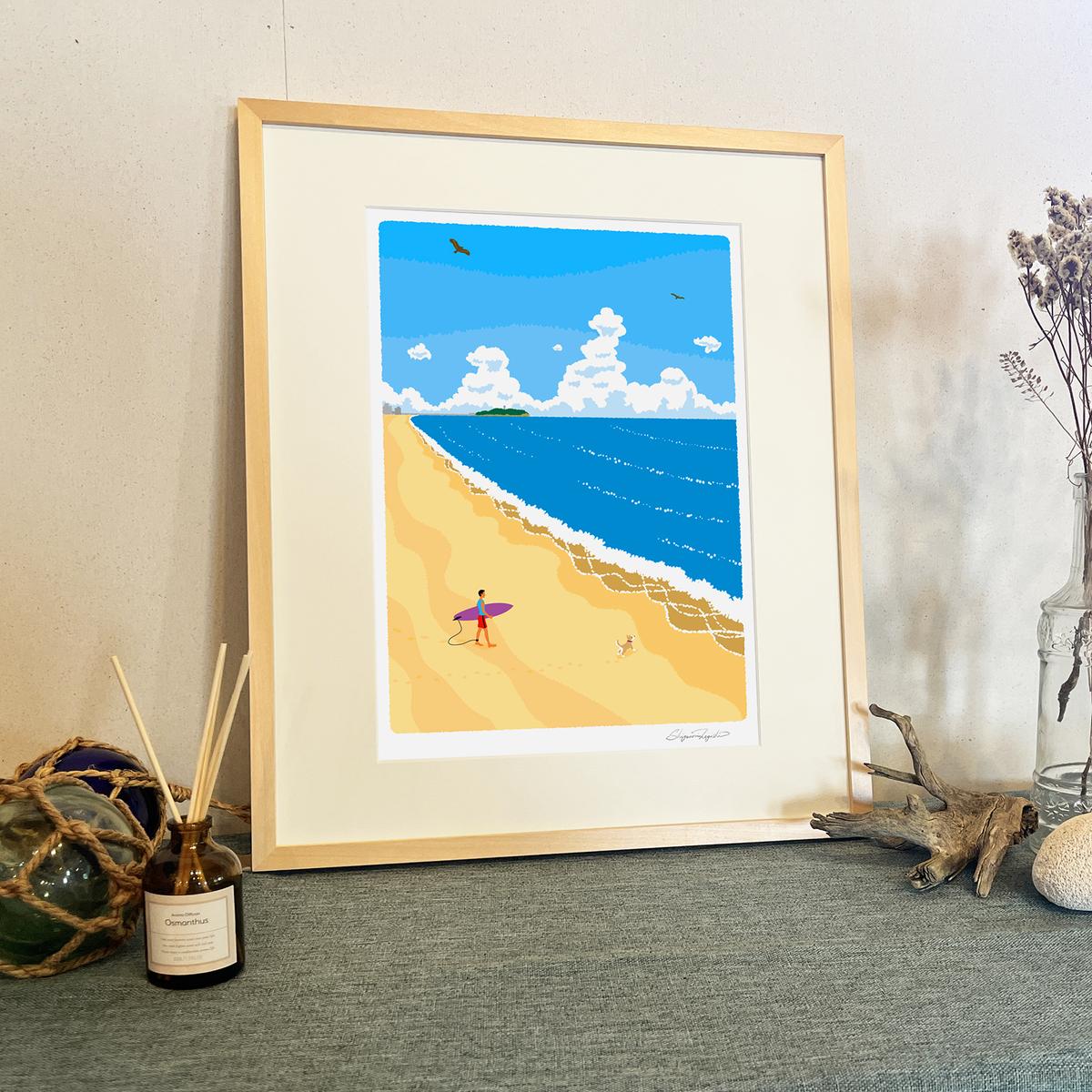 湘南・茅ヶ崎で描く、海を感じるイラストアート 『 湘南ランドスケープ05：波に向かって 』 ジークレーアートフレーム （大） /絵画　風景　版画