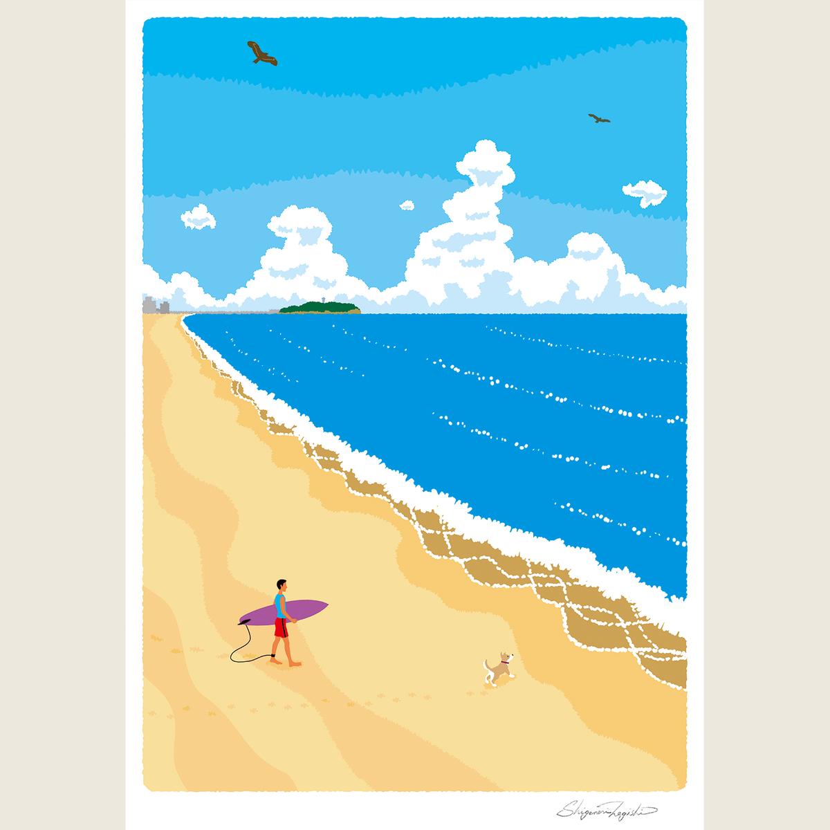 湘南・茅ヶ崎で描く、海を感じるイラストアート 『 湘南ランドスケープ05：波に向かって 』 ジークレーアートフレーム （大） /絵画　風景　版画