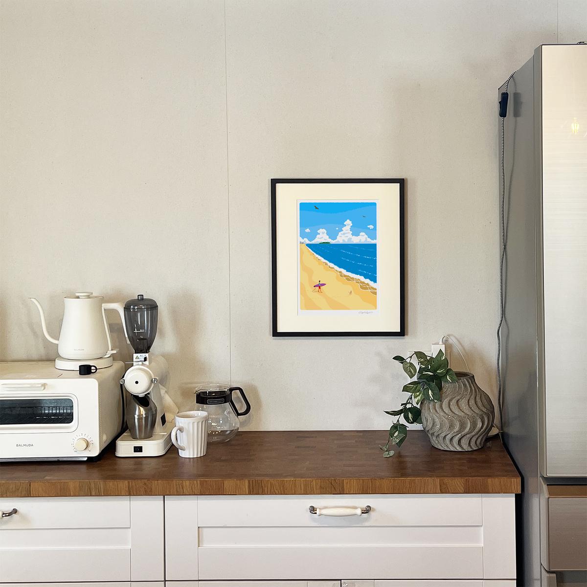 湘南・茅ヶ崎で描く、海を感じるイラストアート 『 湘南ランドスケープ05：波に向かって 』 ジークレーアートフレーム （大） /絵画　風景　版画