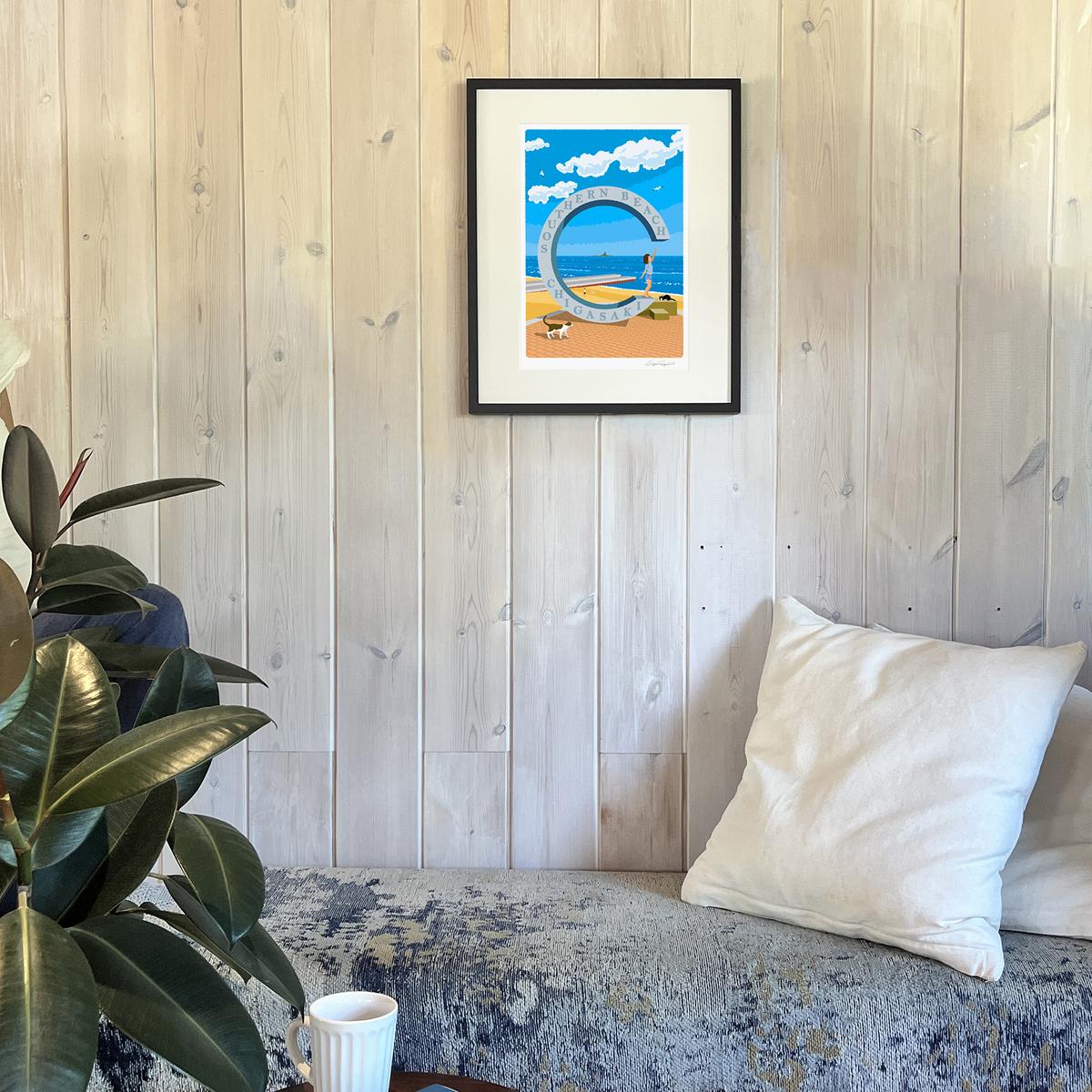 湘南・茅ヶ崎で描く、海を感じるイラストアート 『 湘南ランドスケープ06：届くかな...サザンC 』 ジークレーアートフレーム （大） /絵画　風景　版画