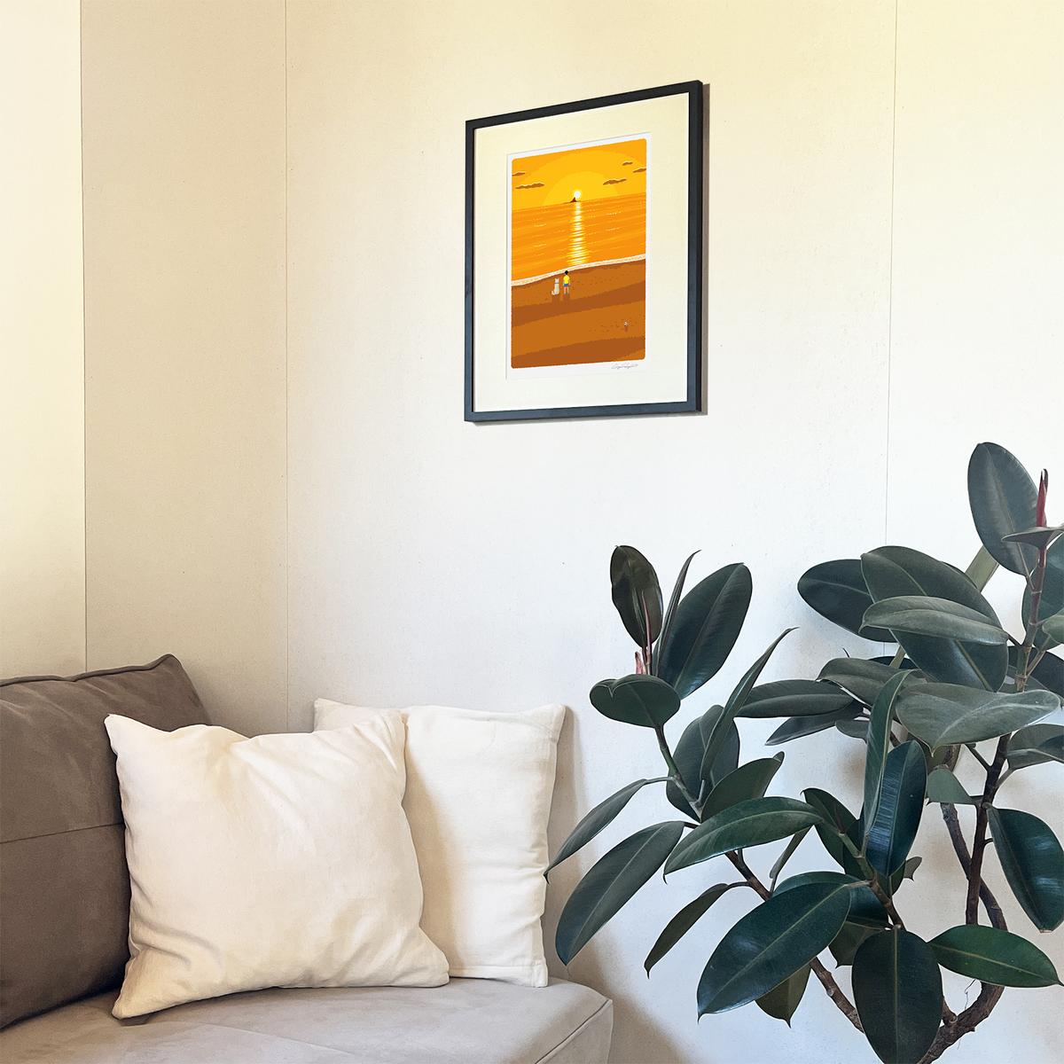 湘南・茅ヶ崎で描く、海を感じるイラストアート 『 湘南ランドスケープ07：夕焼け、光の道 』 ジークレーアートフレーム （大） /絵画　風景　版画