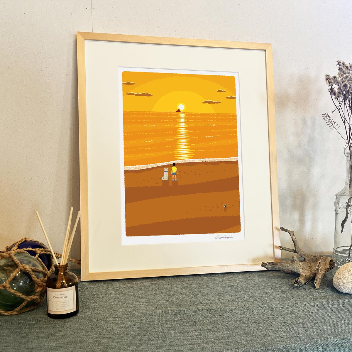 絵画　朝焼け　海辺　豪華な額縁　金色　ゴールド 8/7寄付額変更予定】湘南・茅ヶ崎で描く、海を感じるイラスト
