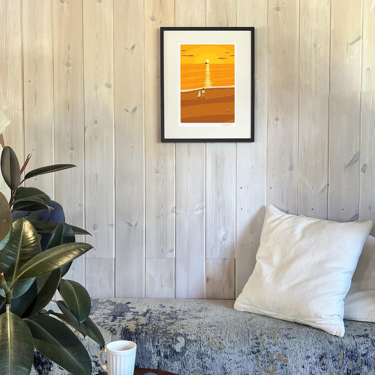 湘南・茅ヶ崎で描く、海を感じるイラストアート 『 湘南ランドスケープ07：夕焼け、光の道 』 ジークレーアートフレーム （大） /絵画　風景　版画