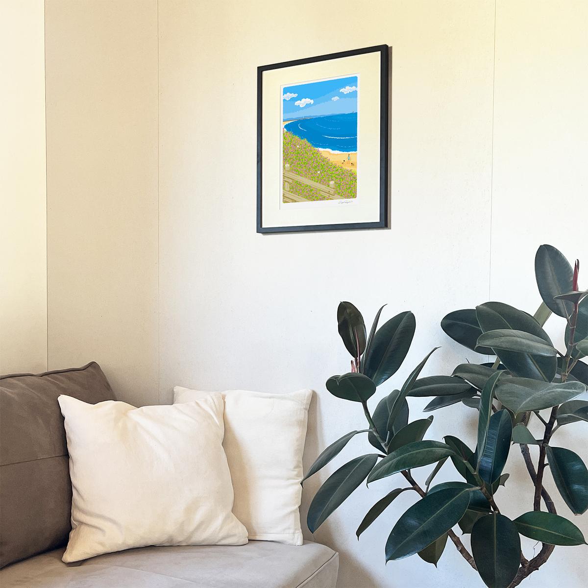湘南・茅ヶ崎で描く、海を感じるイラストアート 『 湘南ランドスケープ08：海辺のハマダイコン 』 ジークレーアートフレーム （大） /絵画　風景　版画